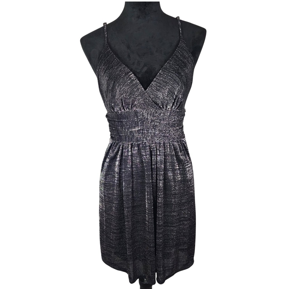 BCBGeneration Size XS Black Metallic Empire Waist Plunge Back Mini Party Dress